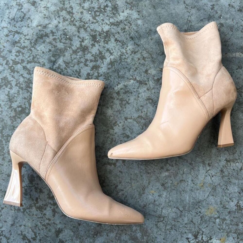 Tan Pointed Toe Sock Booties Mixed Media Flared Heel Size Women's 9.5